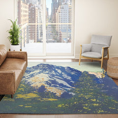 A Departure I - Mountain & Forest Nature Ukiyo Landscape in Blue, Green & Grey Rug