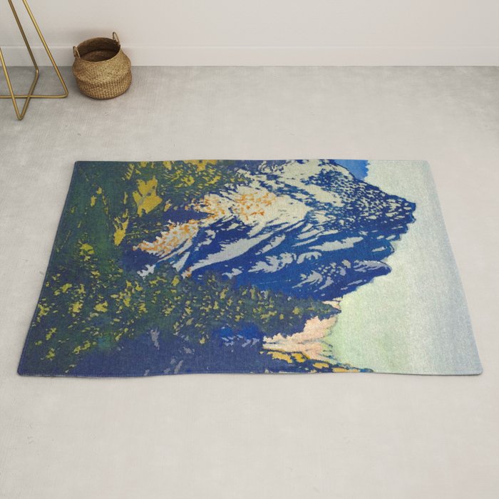 A Departure I - Mountain & Forest Nature Ukiyo Landscape in Blue, Green & Grey Rug