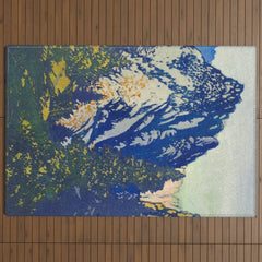 A Departure I - Mountain & Forest Nature Ukiyo Landscape in Blue, Green & Grey Outdoor Rug