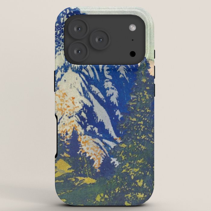 A Departure I - Mountain & Forest Nature Ukiyo Landscape in Blue, Green & Grey iPhone Case