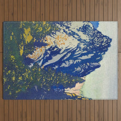 A Departure I - Mountain & Forest Nature Ukiyo Landscape in Blue, Green & Grey Outdoor Rug