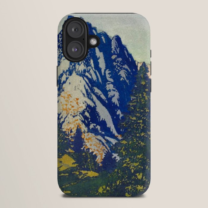 A Departure I - Mountain & Forest Nature Ukiyo Landscape in Blue, Green & Grey iPhone Case