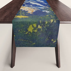 A Departure I - Mountain & Forest Nature Ukiyo Landscape in Blue, Green & Grey Table Runner