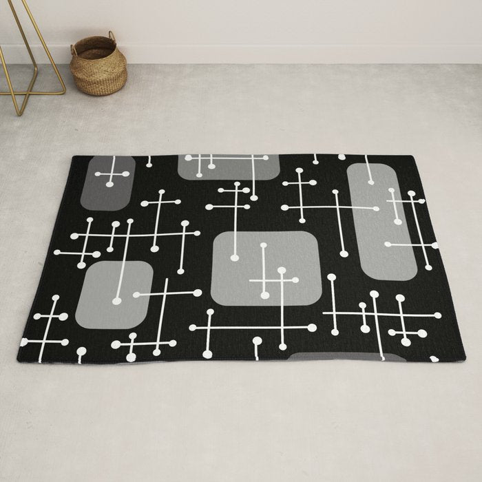 1950s Eames Era Art Crosshairs Black White Rug