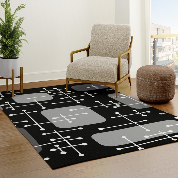 1950s Eames Era Art Crosshairs Black White Rug