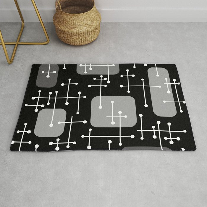 1950s Eames Era Art Crosshairs Black White Rug