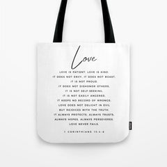 1 Corinthians 13 Love Is Patient Love Is Kind Love Never Fails Bible Verse Print Scripture Christian Tote Bag