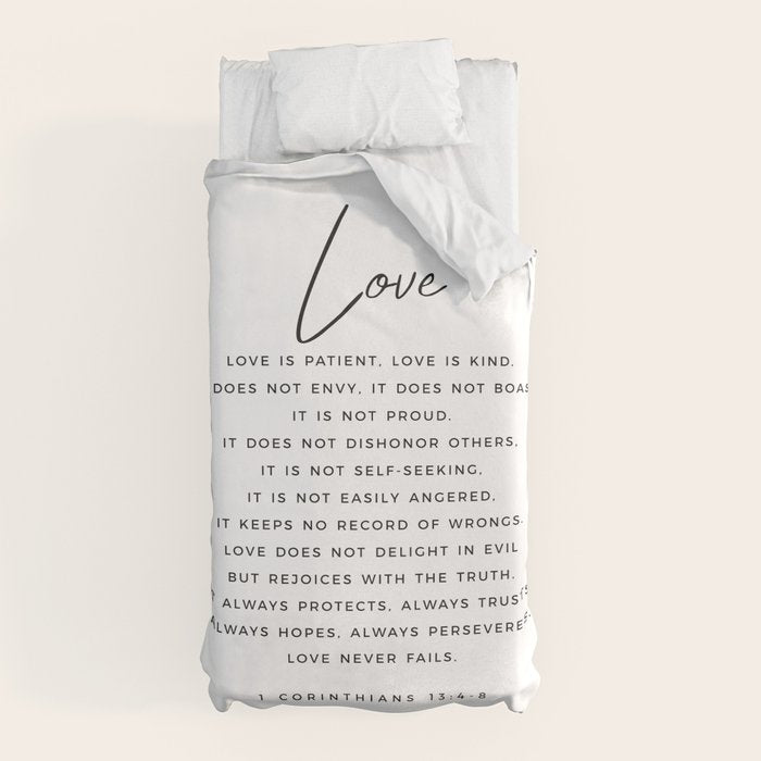 1 Corinthians 13 Love Is Patient Love Is Kind Love Never Fails Bible Verse Print Scripture Christian Duvet Cover