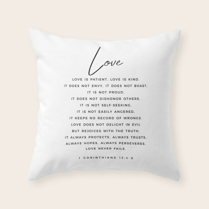 1 Corinthians 13 Love Is Patient Love Is Kind Love Never Fails Bible Verse Print Scripture Christian Throw Pillow