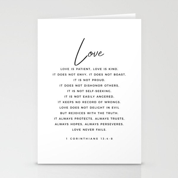 1 Corinthians 13 Love Is Patient Love Is Kind Love Never Fails Bible Verse Print Scripture Christian Stationery Card