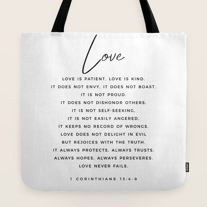 1 Corinthians 13 Love Is Patient Love Is Kind Love Never Fails Bible Verse Print Scripture Christian Tote Bag