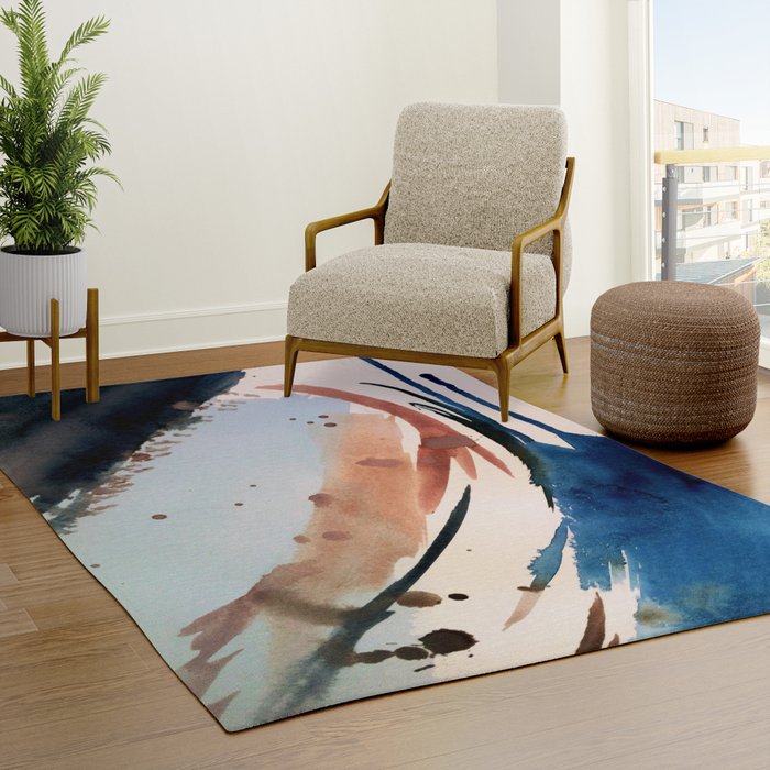 708 - a minimal mixed media abstract piece in blues, pinks, and white Rug
