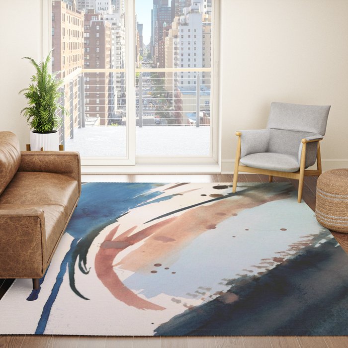 708 - a minimal mixed media abstract piece in blues, pinks, and white Rug