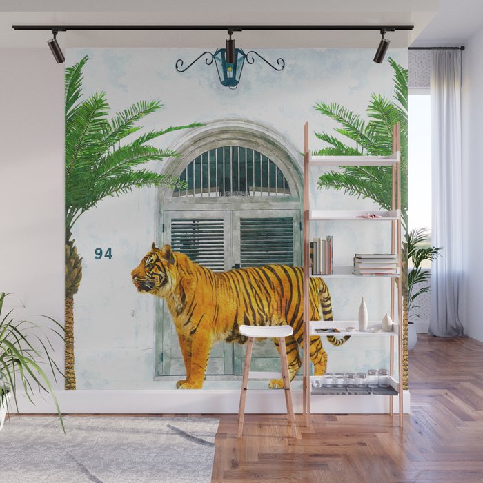 94 Tropical, Greece Architecture Buildings Tiger Wild Cat Watercolor Palm Travel Bohemian Painting Wall Mural
