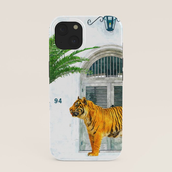 94 Tropical, Greece Architecture Buildings Tiger Wild Cat Watercolor Palm Travel Bohemian Painting iPhone Case