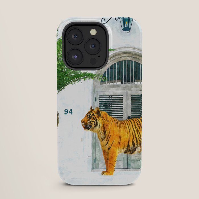 94 Tropical, Greece Architecture Buildings Tiger Wild Cat Watercolor Palm Travel Bohemian Painting iPhone Case