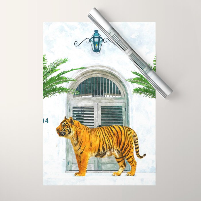 94 Tropical, Greece Architecture Buildings Tiger Wild Cat Watercolor Palm Travel Bohemian Painting Wrapping Paper