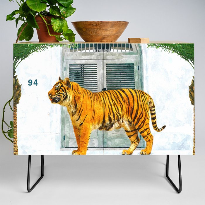 94 Tropical, Greece Architecture Buildings Tiger Wild Cat Watercolor Palm Travel Bohemian Painting Credenza