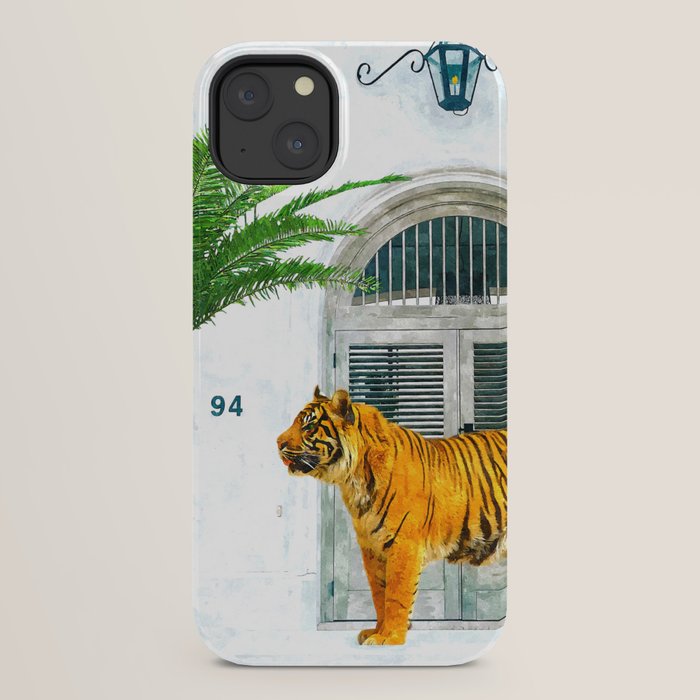 94 Tropical, Greece Architecture Buildings Tiger Wild Cat Watercolor Palm Travel Bohemian Painting iPhone Case
