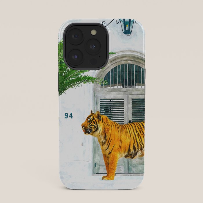 94 Tropical, Greece Architecture Buildings Tiger Wild Cat Watercolor Palm Travel Bohemian Painting iPhone Case