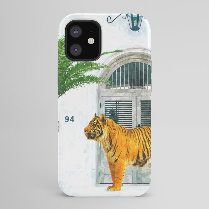 94 Tropical, Greece Architecture Buildings Tiger Wild Cat Watercolor Palm Travel Bohemian Painting iPhone Case
