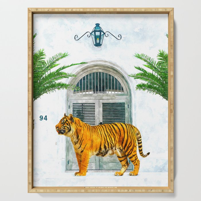 94 Tropical, Greece Architecture Buildings Tiger Wild Cat Watercolor Palm Travel Bohemian Painting Serving Tray