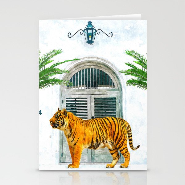 94 Tropical, Greece Architecture Buildings Tiger Wild Cat Watercolor Palm Travel Bohemian Painting Stationery Card