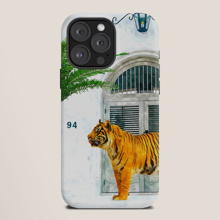 94 Tropical, Greece Architecture Buildings Tiger Wild Cat Watercolor Palm Travel Bohemian Painting iPhone Case