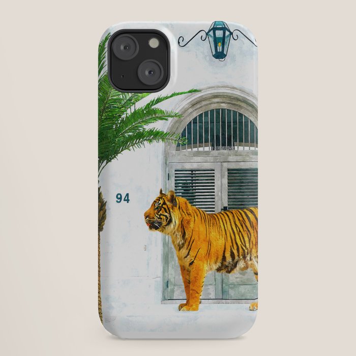 94 Tropical, Greece Architecture Buildings Tiger Wild Cat Watercolor Palm Travel Bohemian Painting iPhone Case
