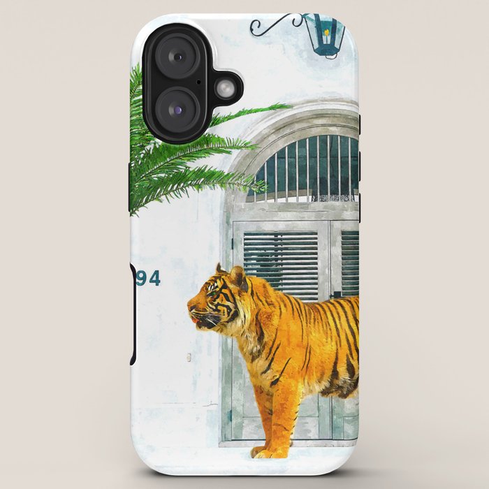 94 Tropical, Greece Architecture Buildings Tiger Wild Cat Watercolor Palm Travel Bohemian Painting iPhone Case