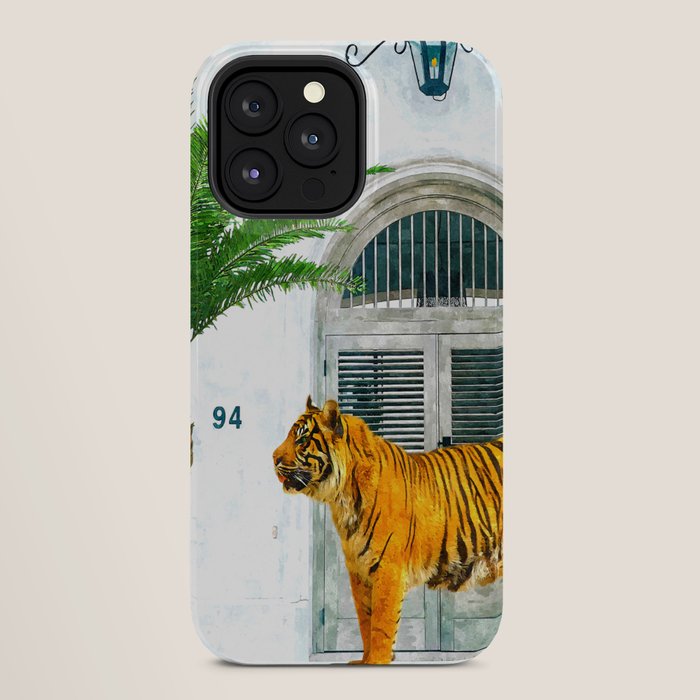 94 Tropical, Greece Architecture Buildings Tiger Wild Cat Watercolor Palm Travel Bohemian Painting iPhone Case