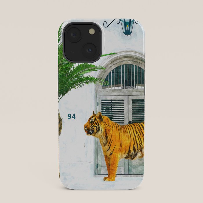 94 Tropical, Greece Architecture Buildings Tiger Wild Cat Watercolor Palm Travel Bohemian Painting iPhone Case