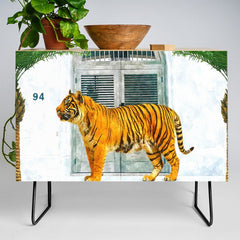 94 Tropical, Greece Architecture Buildings Tiger Wild Cat Watercolor Palm Travel Bohemian Painting Credenza