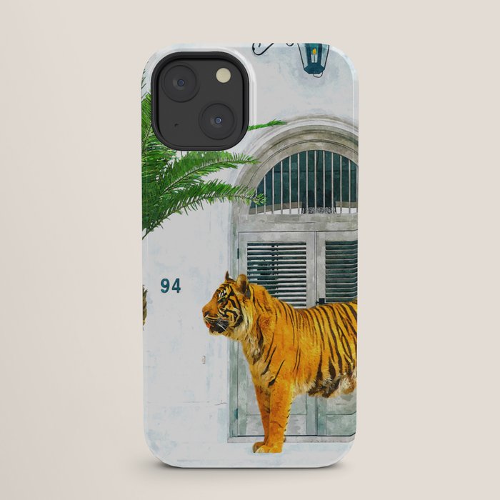 94 Tropical, Greece Architecture Buildings Tiger Wild Cat Watercolor Palm Travel Bohemian Painting iPhone Case