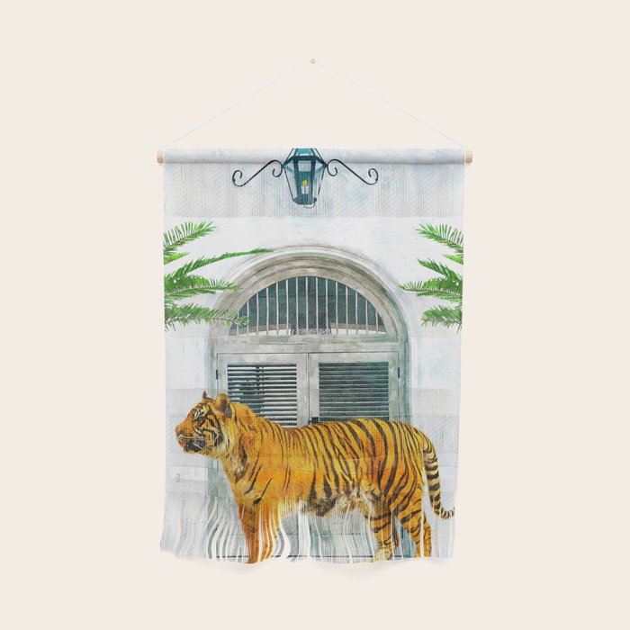 94 Tropical, Greece Architecture Buildings Tiger Wild Cat Watercolor Palm Travel Bohemian Painting Wall Hanging