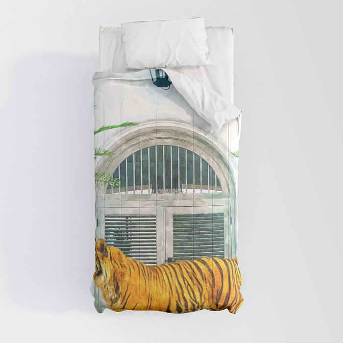 94 Tropical, Greece Architecture Buildings Tiger Wild Cat Watercolor Palm Travel Bohemian Painting Comforter