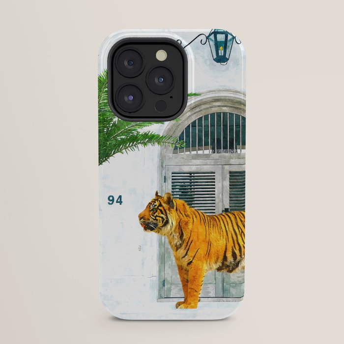 94 Tropical, Greece Architecture Buildings Tiger Wild Cat Watercolor Palm Travel Bohemian Painting iPhone Case