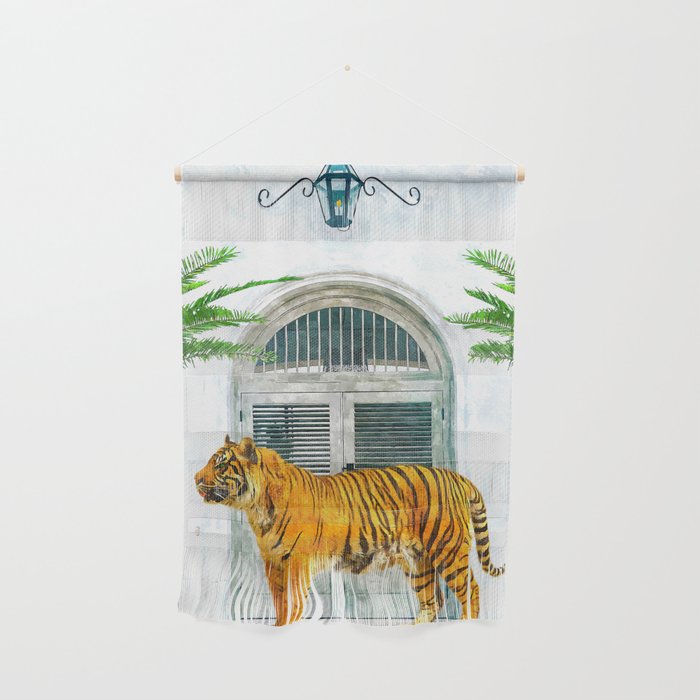 94 Tropical, Greece Architecture Buildings Tiger Wild Cat Watercolor Palm Travel Bohemian Painting Wall Hanging