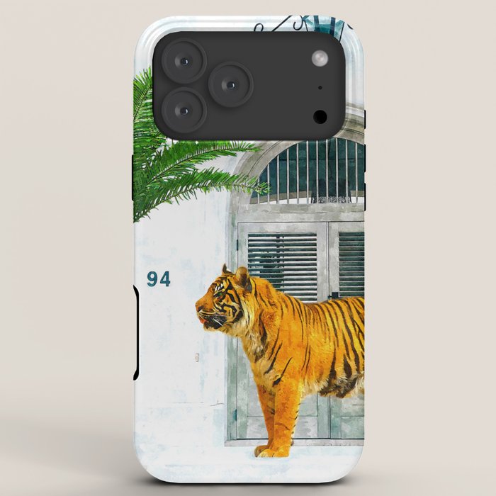 94 Tropical, Greece Architecture Buildings Tiger Wild Cat Watercolor Palm Travel Bohemian Painting iPhone Case