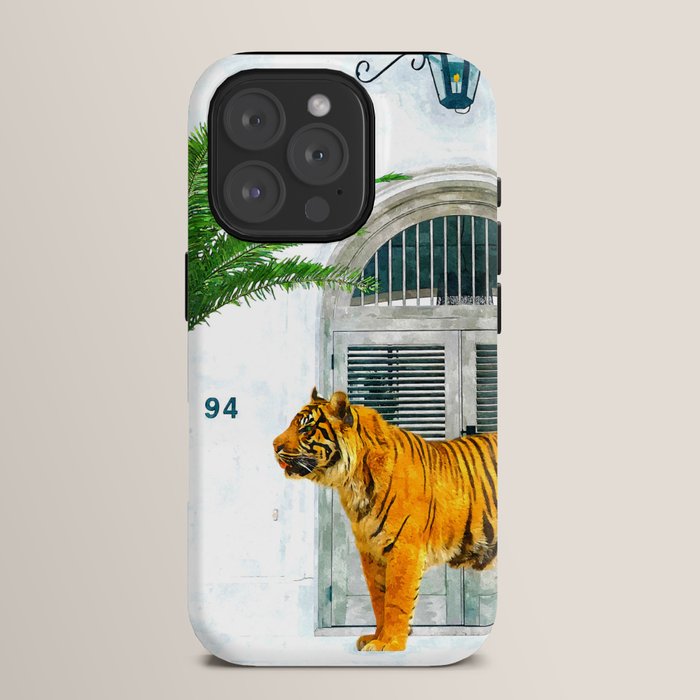 94 Tropical, Greece Architecture Buildings Tiger Wild Cat Watercolor Palm Travel Bohemian Painting iPhone Case