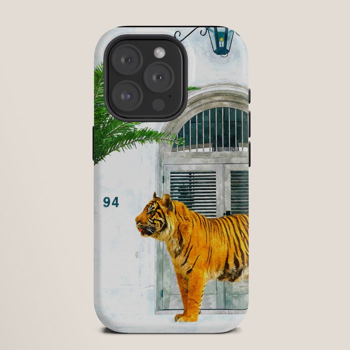 94 Tropical, Greece Architecture Buildings Tiger Wild Cat Watercolor Palm Travel Bohemian Painting iPhone Case