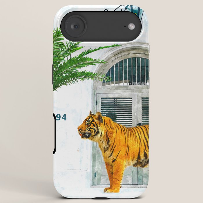 94 Tropical, Greece Architecture Buildings Tiger Wild Cat Watercolor Palm Travel Bohemian Painting iPhone Case