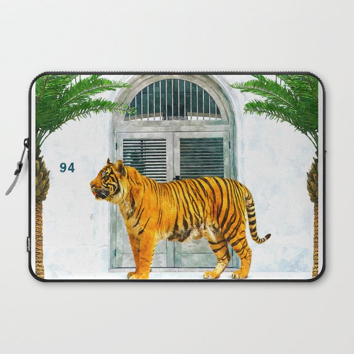 94 Tropical, Greece Architecture Buildings Tiger Wild Cat Watercolor Palm Travel Bohemian Painting Laptop Sleeve
