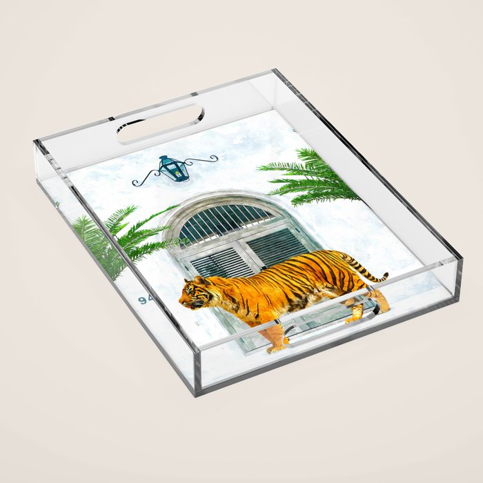 94 Tropical, Greece Architecture Buildings Tiger Wild Cat Watercolor Palm Travel Bohemian Painting Acrylic Tray