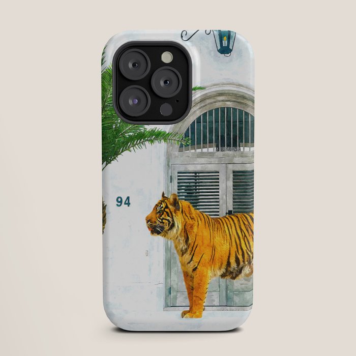 94 Tropical, Greece Architecture Buildings Tiger Wild Cat Watercolor Palm Travel Bohemian Painting iPhone Case