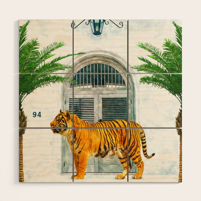 94 Tropical, Greece Architecture Buildings Tiger Wild Cat Watercolor Palm Travel Bohemian Painting Wood Wall Art