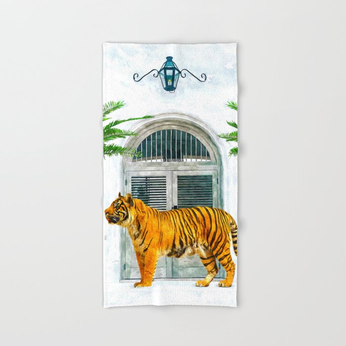 94 Tropical, Greece Architecture Buildings Tiger Wild Cat Watercolor Palm Travel Bohemian Painting Bath Towel