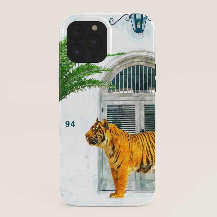 94 Tropical, Greece Architecture Buildings Tiger Wild Cat Watercolor Palm Travel Bohemian Painting iPhone Case