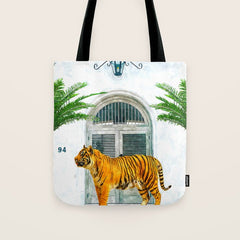 94 Tropical, Greece Architecture Buildings Tiger Wild Cat Watercolor Palm Travel Bohemian Painting Tote Bag