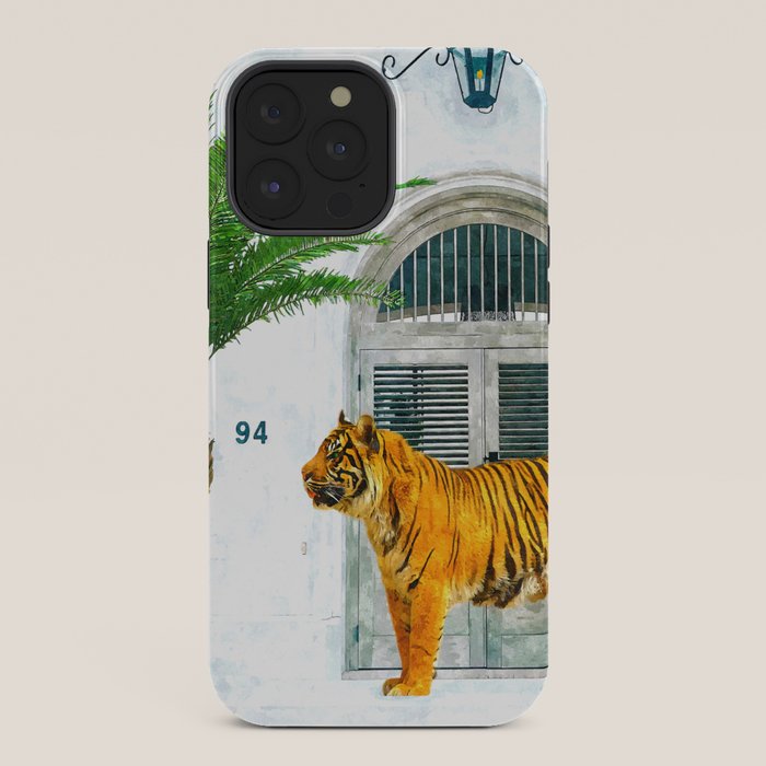 94 Tropical, Greece Architecture Buildings Tiger Wild Cat Watercolor Palm Travel Bohemian Painting iPhone Case